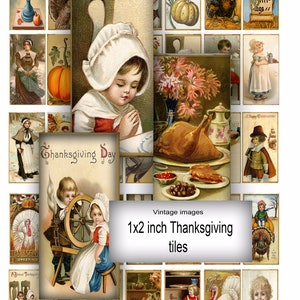 Könnte beinhalten: Eine Sammlung von Vintage-Thanksgiving-Bildern, jedes 1x2 Zoll groß. Die Bilder zeigen verschiedene Thanksgiving-Themen, darunter Truthähne, Pilger, Kürbisse und Essen. Die Bilder sind perfekt für Scrapbooking, Kartenherstellung oder andere Bastelprojekte.