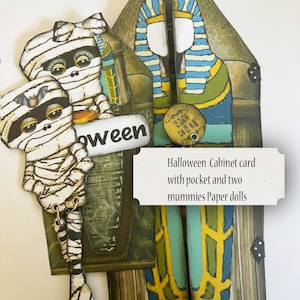 Cartão de armário de Halloween para impressão com duas bonecas de papel de múmia e etiqueta de bolso com itens efêmeros, ótimo para cartões de presente e diário de lixo, artesanato DIY