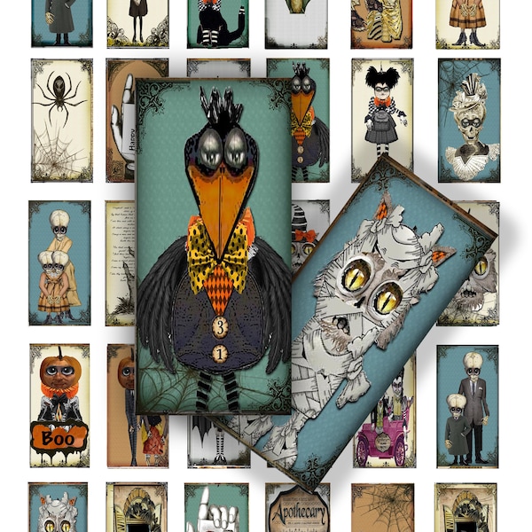 Printable 1x2 domino collage sheet halloween domino whimsical monster jewelry ephemera and craft projects junk journals scrapbook art