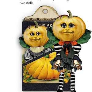 Etiqueta de bolso de papel para impressão de Halloween com duas bonecas - projeto DIY para scrapbooking, etiquetas de presente, colagem de itens efêmeros