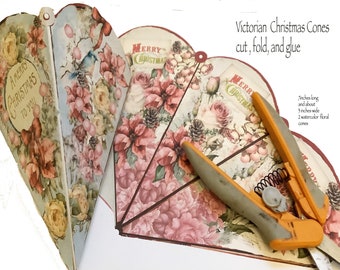 printable Christmas cone Victorian floral watercolor christmas tree decor ornament candy holder tree trim for the holiday season DIY craft