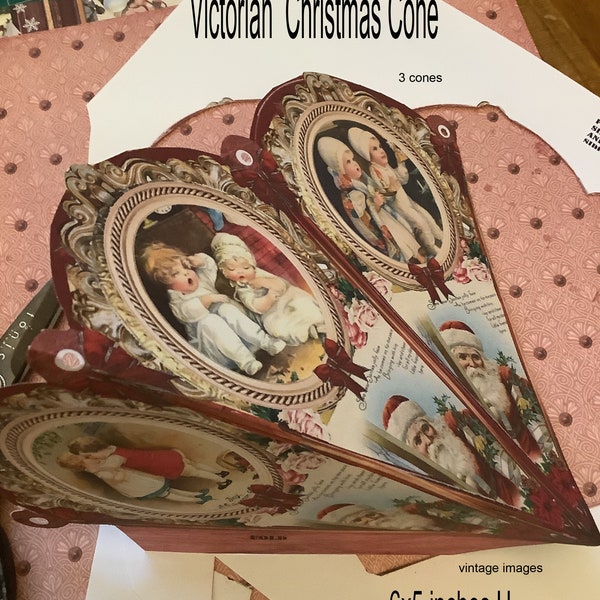 Cône de Noël imprimable victorien vintage pour décoration de Noël décoration d'arbre petite boîte cadeau boîte de bonbons projet de bricolage feuille de collage de vacances
