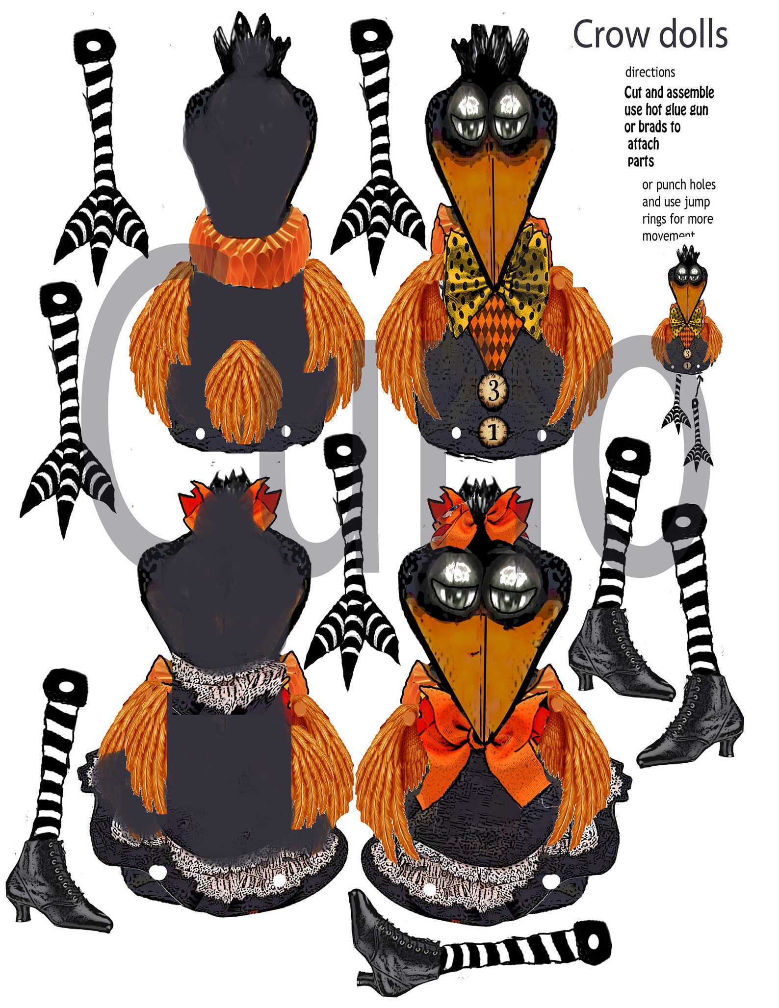 Printable Halloween Paper Doll Old Crow Puppets Articulated DIY Cut and ...