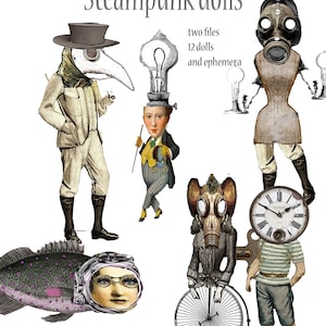 afdrukbare steampunk-poppen voor junk-dagboeken, kaarten en kunstprojecten, doe-het-zelf schaduwzakjes en meer. Elke pop is een unieke collagepop om te gebruiken
