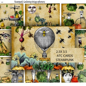 Tarjetas coleccionables ATC vintage steampunk imprimibles, efímeras de 2,5 x 3,5 pulgadas, etiquetas de collage para proyectos de bricolaje, opciones para hacer tarjetas.