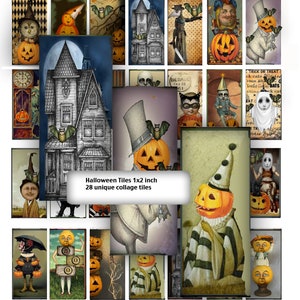 May include: A set of 28 digital collage tiles featuring Halloween-themed illustrations. The tiles are 1x2 inches and feature pumpkins, bats, owls, houses, and other spooky characters.