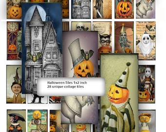 Printable 1x2 domino collage sheet whimsical halloween  domino 28 collages  jewelry ephemera and craft projects junk journals scrapbook art