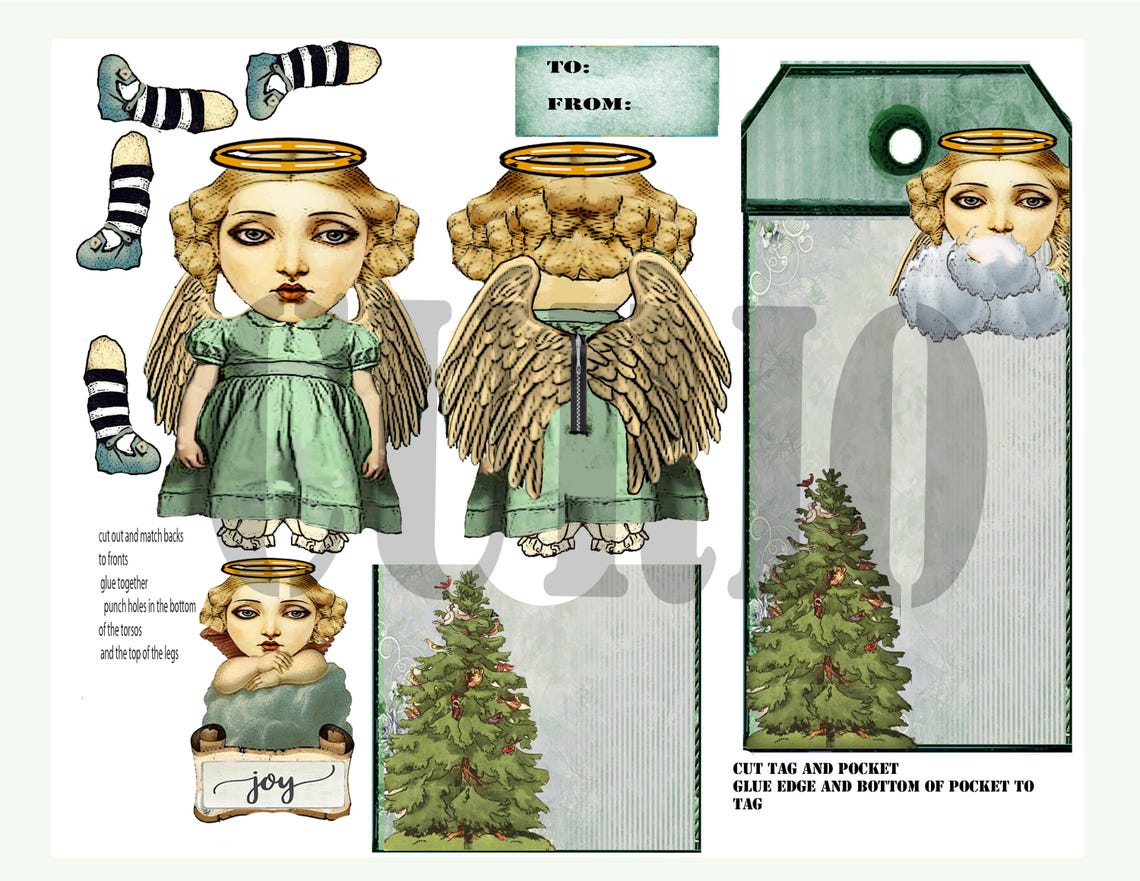 Printable Angel Christmas Tag: Paper Doll DIY Craft Pocket Tag (JPEG ...