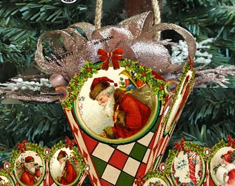 Printable Christmas Victorian cones printable ornaments Christmas decoration DIY holiday ephemera easy assemble candy holder