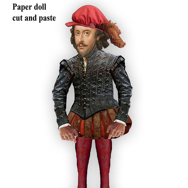 Poupée en papier William Shakespeare à découper en papier éphémère à découper et à coller pour fêter son anniversaire