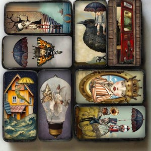 May include: Steampunk tiles featuring various artistic designs. The tiles showcase a child riding a raven, a butterfly with mechanical wings, and a woman in a porthole. Other tiles depict a house, a lightbulb with butterflies, and a man on a bicycle.