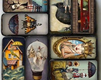 Steampunk fantasy Domino Collage tiles : Whimsical Printable Craft 1x2 inch for Jewelry (JPEG Download)