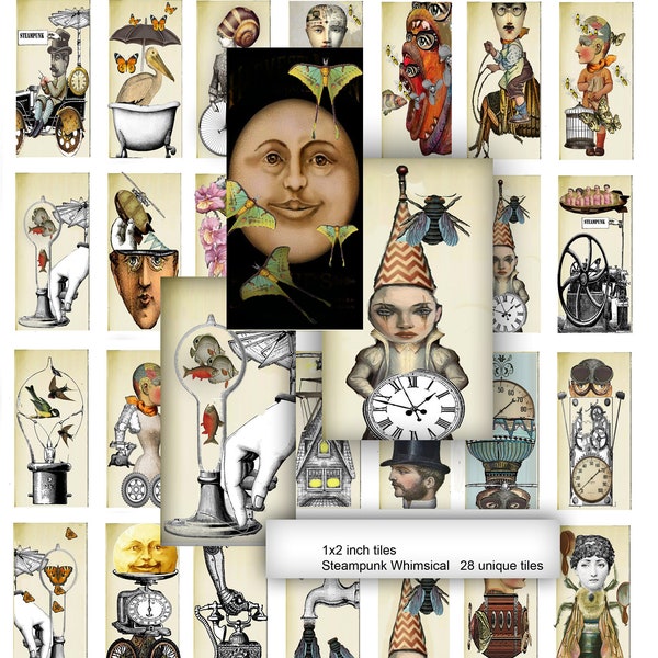 Printable 1x2 domino collage sheet victorian steampunk whimsy a bit gothic  tiles for projects and jewelry ephemera and craft scrapbook Diy