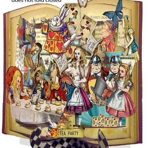 Projet de carte de livre imprimable Alice au pays des merveilles avec instructions, idéal pour un kit de bibelots ou d'étagères, coupes difficiles, images vintage éphémères