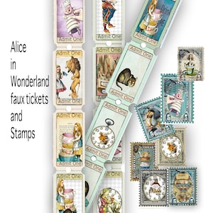 Jeu de timbres imprimables Faux Alice au pays des merveilles et billets éphémères pour journaux et albums de coupures de projets de bricolage et de collages créatifs Feuilles de téléchargement