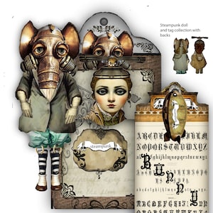 duas bonecas steampunk para impressão com etiqueta de bolso e itens efêmeros, ótimas para páginas de scrapbook e diário, diários de lixo e muito mais, projeto de artesanato faça você mesmo