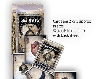 May include: A deck of playing cards with a gothic theme featuring illustrations of ravens, hearts, snakes, and a portrait of Edgar Allan Poe. The cards are in a worn, vintage style with a black and white color scheme. The box is labeled "Edgar Allan Poe Series 1800 Playing Cards".