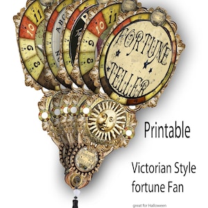 May include: A vintage-style fortune-telling fan with a black tassel. The fan features several circular panels with numbers, letters, and the words "Fortune Teller." The design includes a sun face and ornate gold frames. The text "Printable Victorian Style fortune Fan" is also visible.