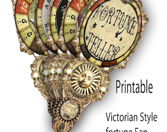 May include: A vintage-style fortune-telling fan with a black tassel. The fan features several circular panels with numbers, letters, and the words "Fortune Teller." The design includes a sun face and ornate gold frames. The text "Printable Victorian Style fortune Fan" is also visible.