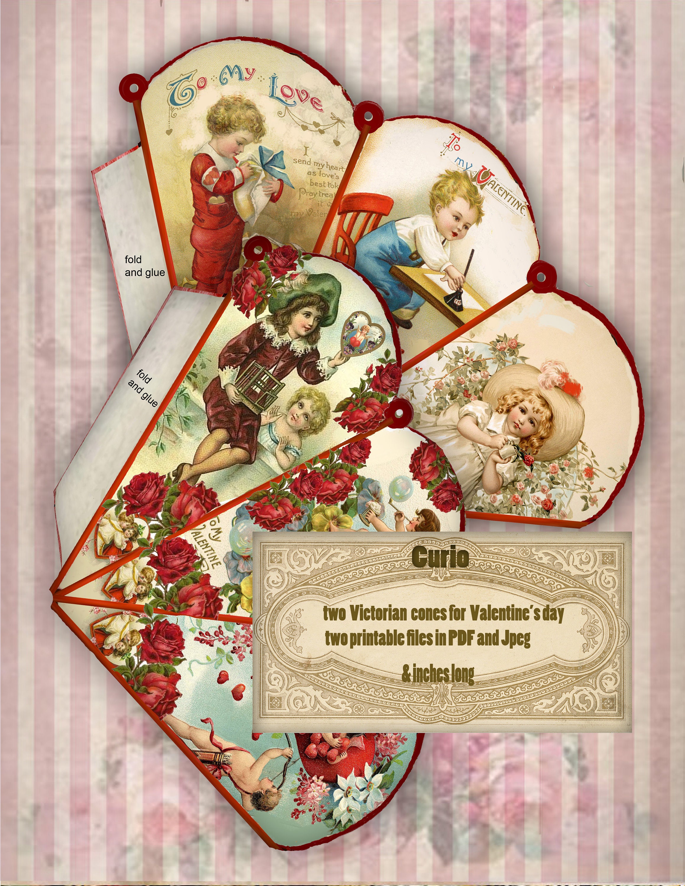 printable Valentine cone Victorian old post card  style vintage collage gift candy holder Valentine sweets for your loved one DIY craft