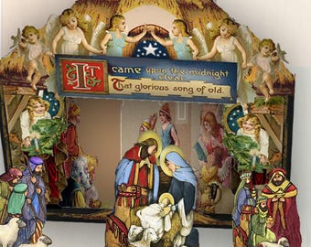 May include: A vintage Christmas nativity scene with angels, figures, and the text "Came upon the midnight clear, That glorious song of old." The scene features a stable, figures of Mary, Joseph, and baby Jesus, and the three wise men.