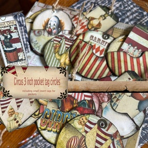 Vintage afdrukbare Circus Circle-tags met zakken en minitags Cirkeltags van 3 inch in vintage Circus-ephemerastijl voor ambachtelijke collage van dagboeken