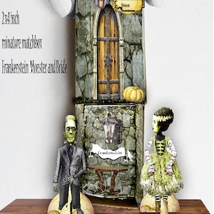 Printable vintage Frankenstein and wife matchbox ephemera collage sheet characters with stands 2x4 collage sheet craft project