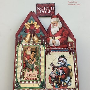 Cartão sanfonado com imagem de Natal vintage para impressão, dobrável ou montado com bolso e janela, ótimo pequeno presente ou decoração de meia