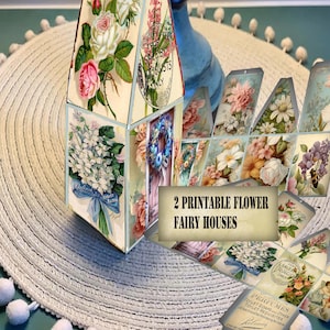 Afdrukbare bloemenfeeënhuisjes papieren victoriaanse huisjes twee kleine huissjabloonprojecten gecollaged met vintage afbeeldingen, ideaal voor doe-het-zelfdecoratiekunst