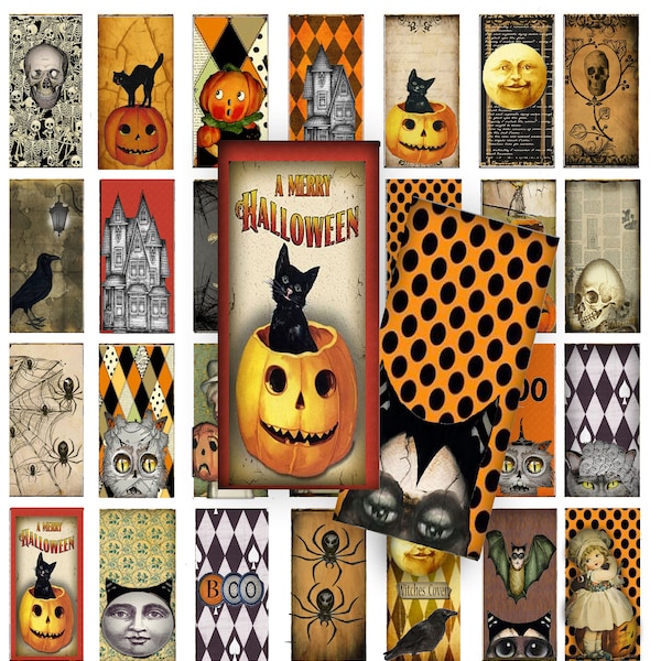 Printable 1x2 domino collage sheet vintage halloween tiles for projects and jewelry ephemera and craft projects junk journals scrapbook art