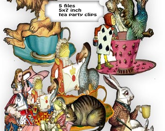 May include: A whimsical illustration featuring characters from Alice in Wonderland, including a lion, rabbit, and cat, all enjoying tea. The image includes the text "5 files 5x7 inch tea party clips". The characters are set in teacups and teapots.