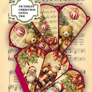 Pode incluir: Um conjunto de seis modelos de cones de Natal vitorianos imprimíveis com imagens do Papai Noel, ursos de pelúcia e enfeites de Natal. Os cones são projetados para serem recortados e montados em uma decoração de árvore de Natal tridimensional. O texto "Victorian Christmas Cones Two" é exibido na parte superior da imagem.