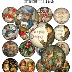 May include: A collection of 2-inch Christmas circle buttons with vintage illustrations. The buttons feature images of Santa Claus, children, and holiday scenes. Text includes "Christmas" and "Merry Christmas."
