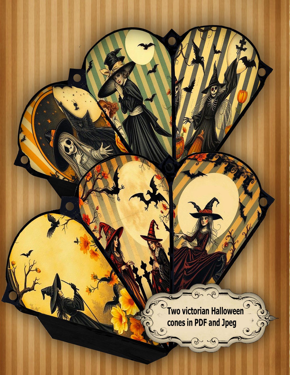 Printable Victorian Halloween Cones Two, 7x3.5 Inches Spooky Patterns ...