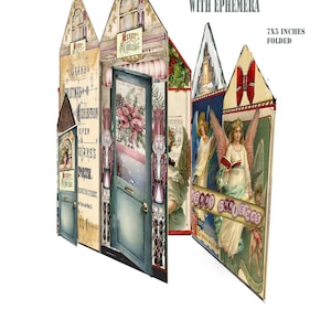 Images victoriennes vintage imprimables de Noël pliables en forme de maison, y compris des anges, pliées en deux, pages à accrocher, projet de bricolage