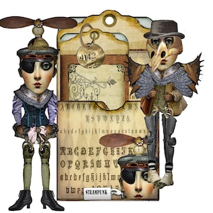 conjunto de bolso para etiqueta steampunk para impressão e boneca, duas bonecas e itens de artesanato, projeto de arte DIY para páginas de diário e scrapbook, ótimo steampunk