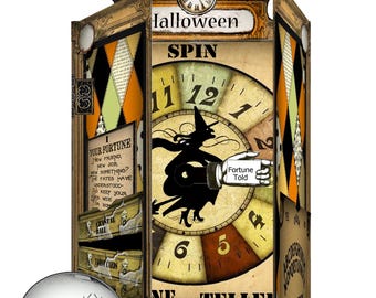 May include: A foldable Halloween fortune teller with pockets for fortunes. The design includes a clock face with a witch silhouette, a crystal ball with spiders, and tarot cards. The completed size is 20 cm by 10 cm.