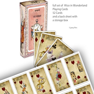 Alice im Wunderland druckbare Karten 52 Spielkarten mit Rückseiten und Box zur Aufbewahrung, Collage, Scrapbook oder für Spiele