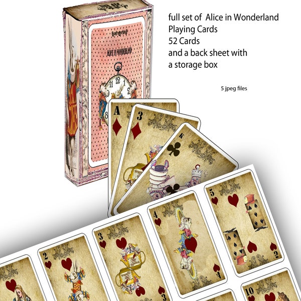 Alice in Wonderland printable cards 52 playing card with backs and a box to keep them in, collage scrapbook or for games