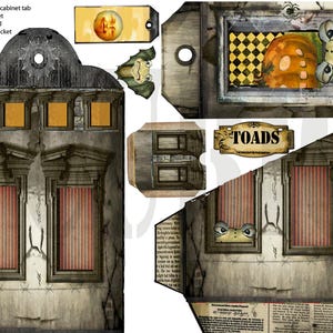 May include: A selection of Halloween-themed paper craft components. Includes a haunted house facade, a cabinet, a toad sign, and a tag with a pumpkin illustration. The designs have a vintage, distressed look with muted colours.