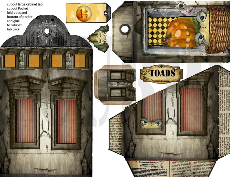 May include: A selection of Halloween-themed paper craft components. Includes a haunted house facade, a cabinet, a toad sign, and a tag with a pumpkin illustration. The designs have a vintage, distressed look with muted colours.