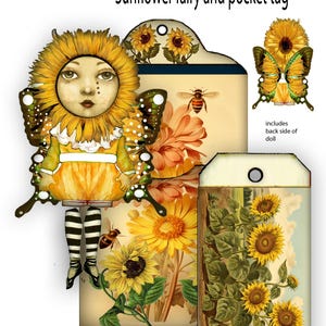Afdrukbare clipart ephemera Zonnebloemfee met label en zakje ideaal voor plakboek, dagboekpop en cadeaupop past in zakje met label