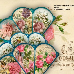 Afdrukbare Victoriaanse bloemen- en sprookjeskegels drie kegels drie bestanden ideaal voor snoephouders bloemhouders en feeën Home decor DIY art craft