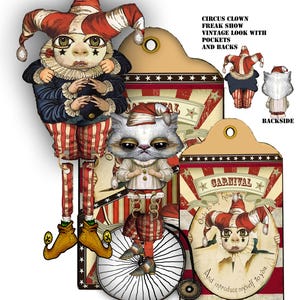 Muñecas de papel imprimibles Insecto y gato de circo con etiqueta y bolsillo para etiqueta, efímeras en estilo steampunk vintage para diarios basura y álbumes de recortes DIY
