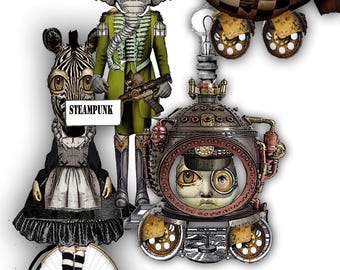 Steampunk Animal Clip Art Dolls: Mix & Match Scrapbook DIY (JPEG)