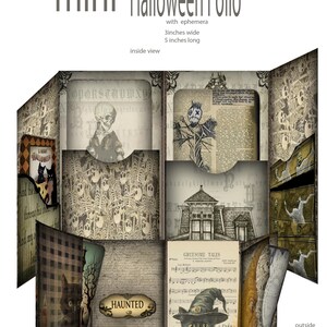 Peut inclure: Un mini folio d'Halloween avec des éphémères, 7.6 cm de large et 12.7 cm de long. L'intérieur présente des compartiments avec des illustrations effrayantes, dont un crâne, un épouvantail et un chat noir. L'extérieur est décoré d'un motif fantomatique.