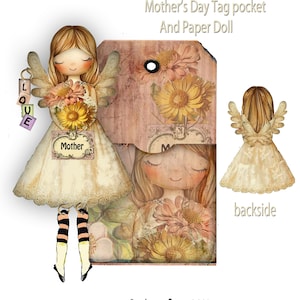 Bambola di carta angelo per la festa della mamma stampabile e tag tascabile da usare come biglietto o materiale per scrapbooking, progetto fai da te facile da stampare e assemblare in una pagina