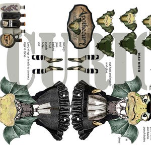 May include: A paper craft sheet with a Toad Witch design and instructions. The sheet includes illustrations of a witch, toad faces, legs, and apothecary bottles. Text includes "Apothecary" and "TOAD WITCH".