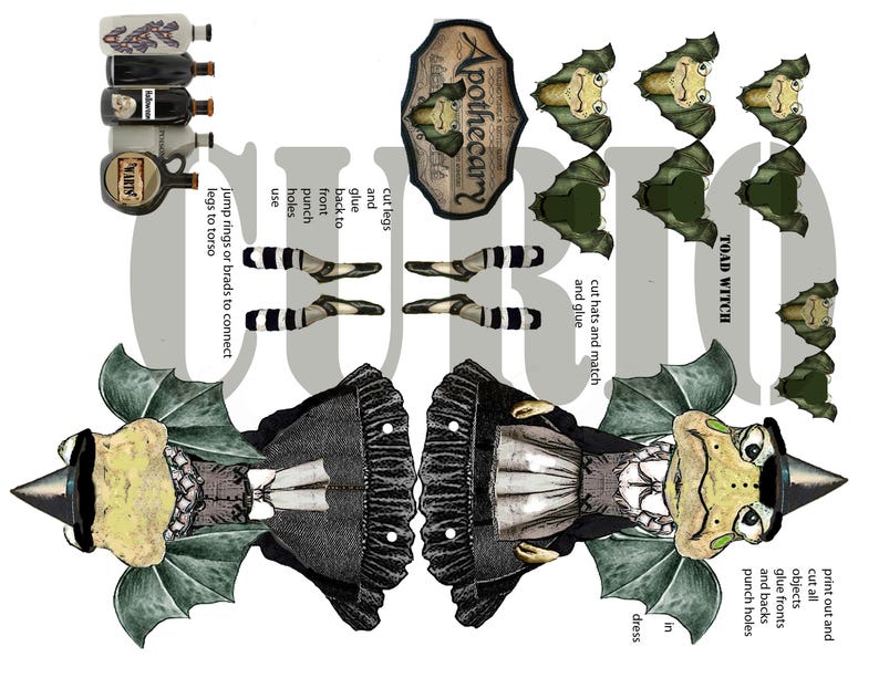 May include: A paper craft sheet with a Toad Witch design and instructions. The sheet includes illustrations of a witch, toad faces, legs, and apothecary bottles. Text includes "Apothecary" and "TOAD WITCH".