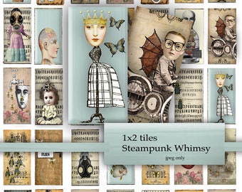 Steampunk Domino Tiles 1x2 Inch, Whimsical Collage Design (Jpeg and PDF)